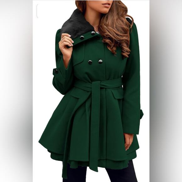 Unbranded forest green belted fit and flare peacoat, size med - Picture 1 of 13
